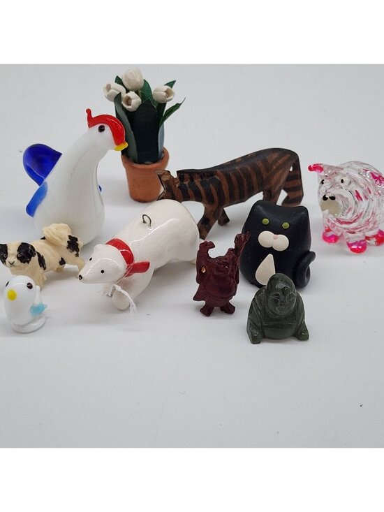 Handmade Other - Miniature Handmade Animal Figurine Lot Cat Bear Dog Pig Glass Wood Resin